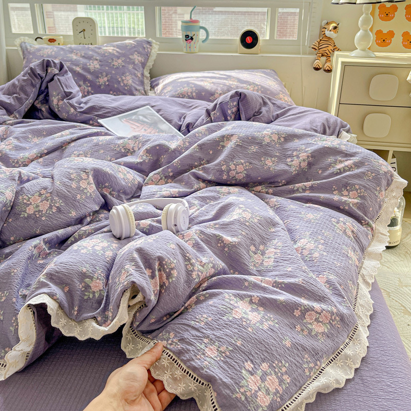 Un juego de cuatro piezas de hilo de doble capa de algodón 100% para madres y bebés, sábana de algodón, funda de edredón, sábana, ropa de cama fresca pequeña