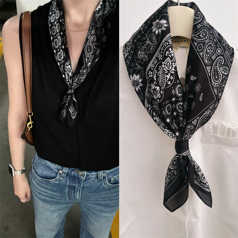 Pañuelo cuadrado de flor de anacardo coreano 2025 nuevo estilo bufanda de seda de alta gama femenina correa para el cuello accesorios decorativos para el cuello