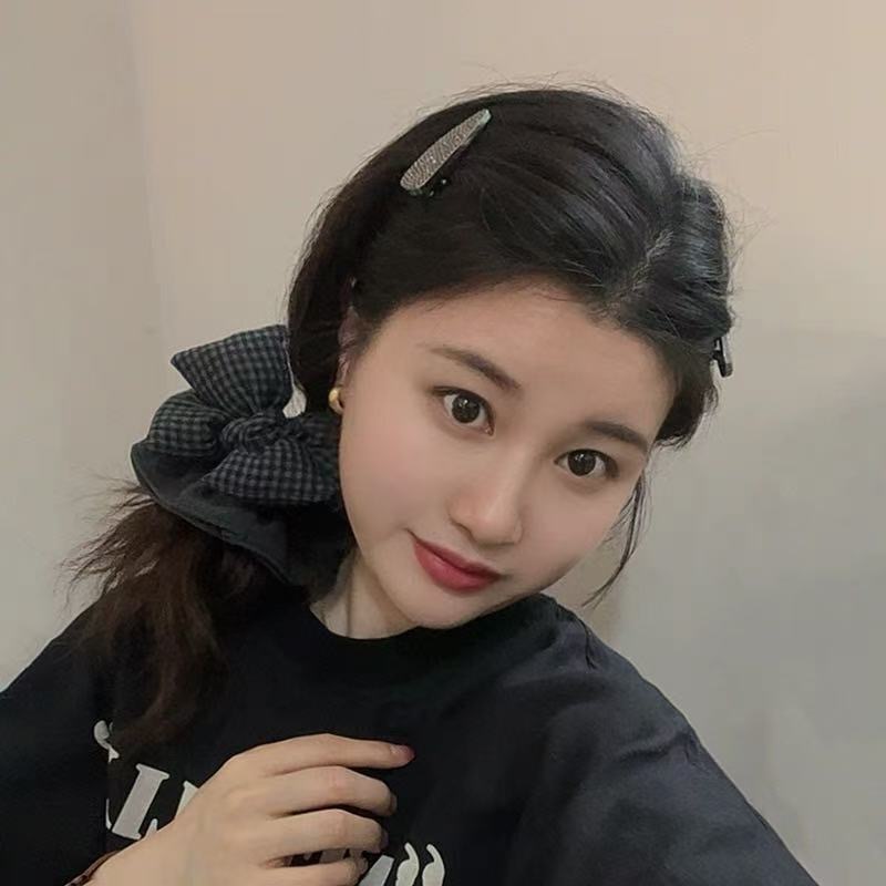 黒とグレーのチェック柄リボンヘアゴム韓国のハイエンドヘアアクセサリーヘッドバンド 2025 新しい質感生地腸リングヘアロープ女性のための|undefined