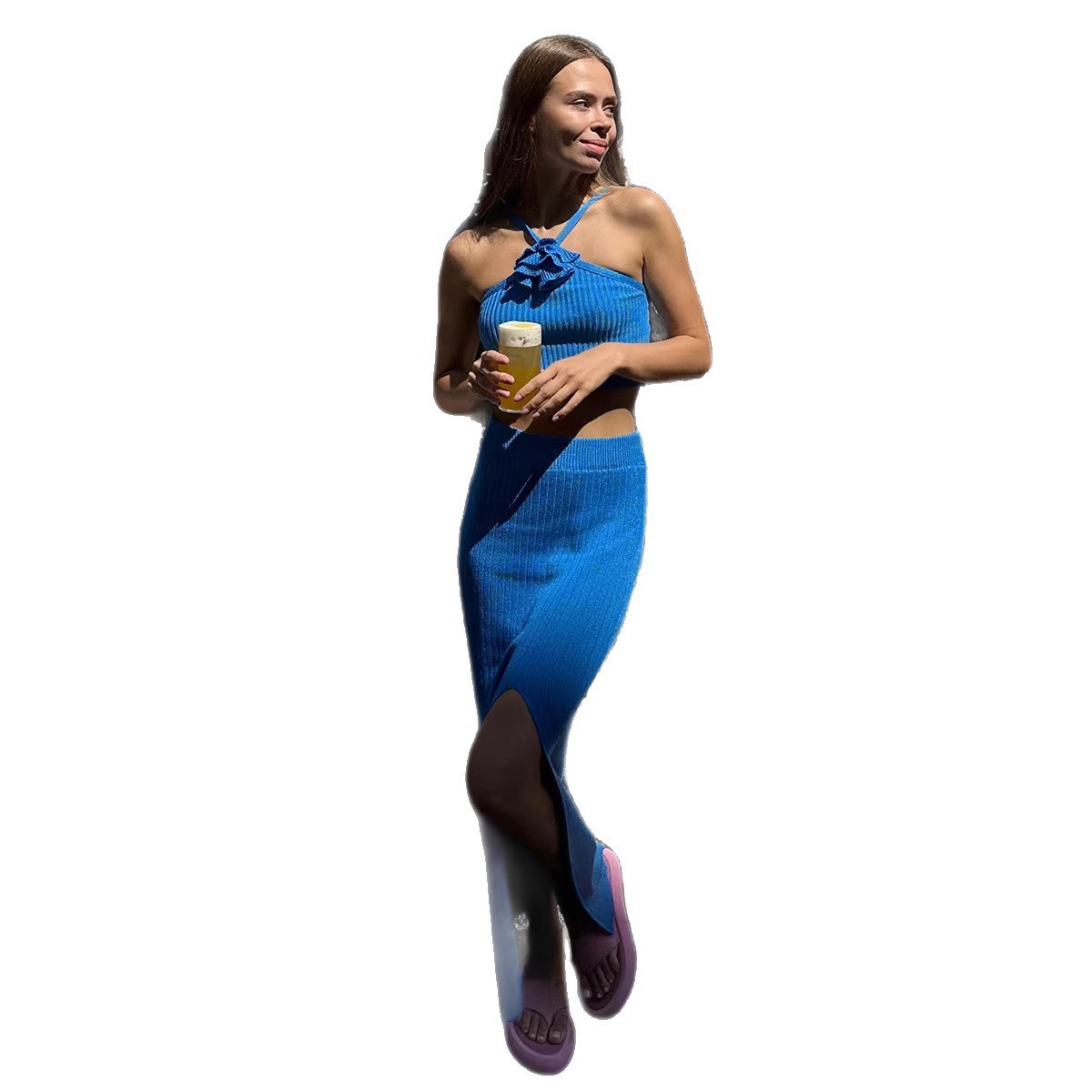 Sommerliches Damenbekleidungs-Set: Handgehäkeltes Neckholder-Trägerkleid + Rock mit Schlitz, gestricktes Hosen-Set für formelle und legere Anlässe_voghion.com