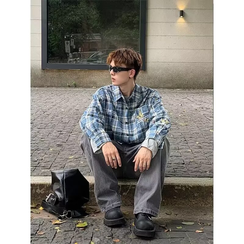 남성과 여성을 위한 미국 복고풍 자수 긴팔 셔츠, 2024 초가을 커플 자외선 차단 느슨한 셔츠 재킷 격자 무늬