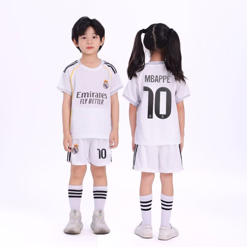 Real Madrid Children's Football Jersey Set for Boys and Girls, Short-Sleeved Elementary School Students' Barcelona Training Team Uniform, Paris Factory Direct Sale