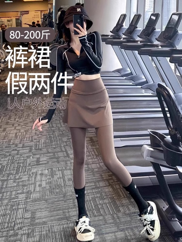 假两件鲨鱼裤女秋季大码高腰遮臀裙跑步运动健身速干打底裤瑜伽服|undefined