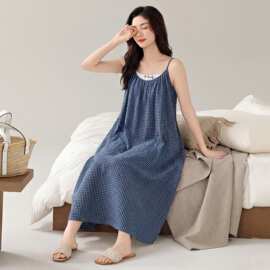 【带胸垫】夏季新款色织云朵棉女吊带睡裙休闲女家居服