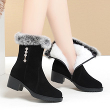 真皮雪地靴女冬季新款高跟防滑女靴兔毛棉靴加绒女鞋短筒靴子