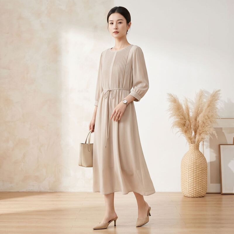Summer New Style Silk dress Women's Round Neck Mulberry Silk Skirt Mid-length Commuter Seven-point Sleeve Lace-up Straight Skirt