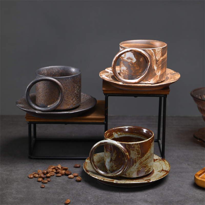 Coffee And Saucer Set, Creative Afternoon Top Quality Vintage Handmade Espresso Cup, Rustic Ceramic Milk Breakfast Cup_voghion.com