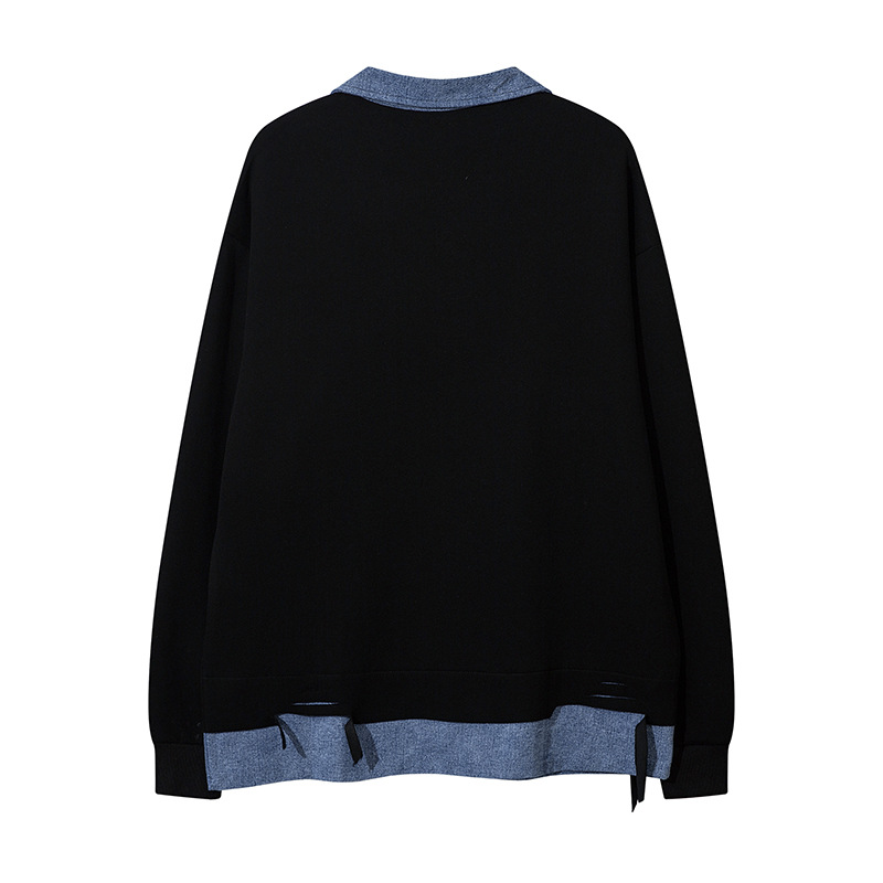 Men's Clothing college style denim collar splicing loose street niche two piece men's autumn design sweatshirt_voghion.com
