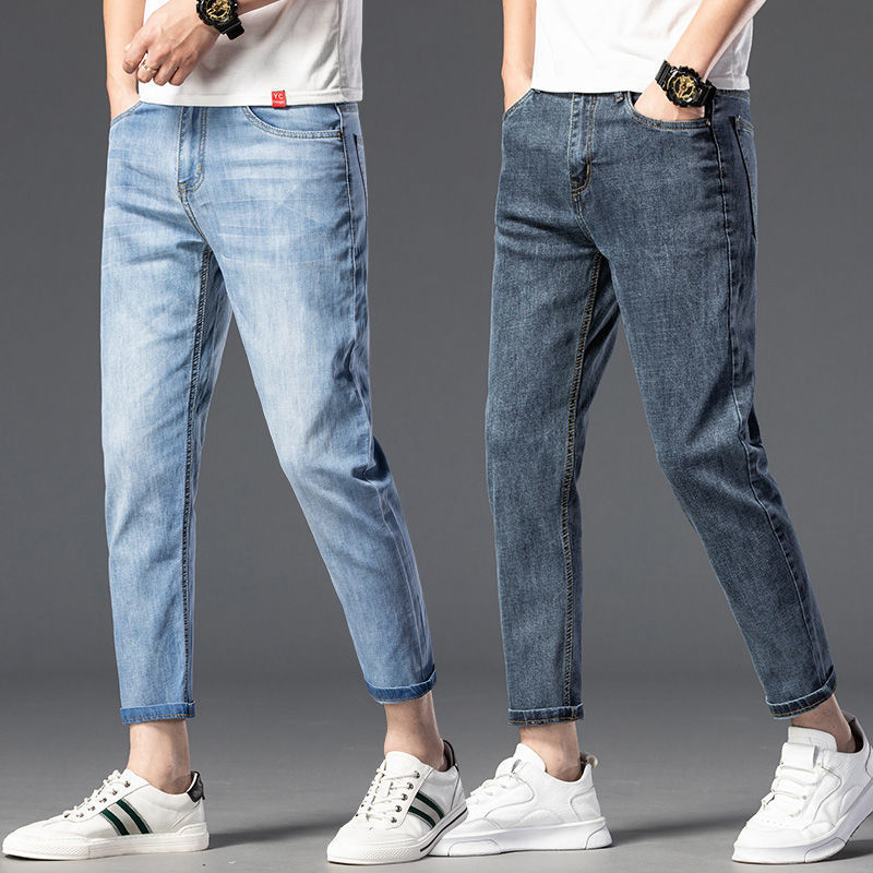 High end jeans for men's summer thin, loose, straight leg elastic slim fit Harlan cropped pants_voghion.com