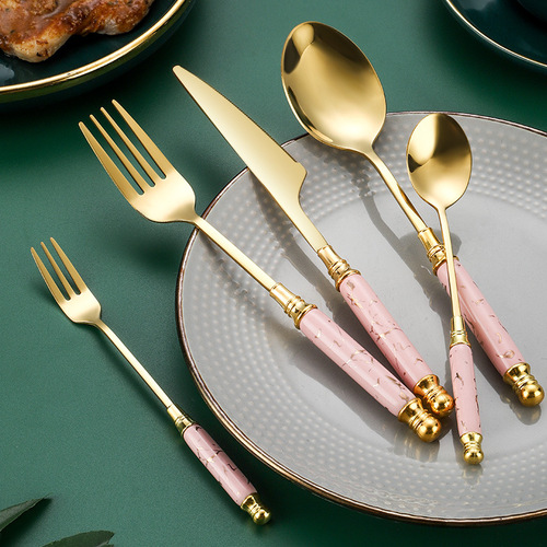 Cross-border stainless steel ceramic handle Western tableware knife, fork and spoon five-piece set with marble handle emerald knife, fork and dessert spoon