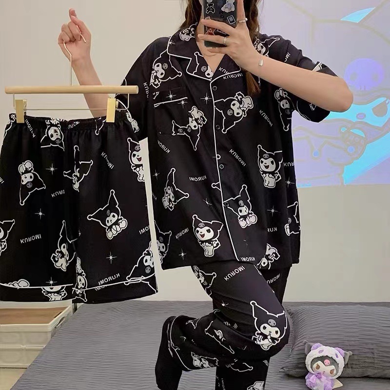 Pijamas de alta gama para mujer, conjunto de tres piezas con cárdigan a rayas de manga corta para verano, se puede usar en exteriores, conjunto de ropa para el hogar para primavera y otoño de 2025