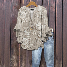 欧美新品跨境创意 牛仔花卉 印花独立站休闲潮流V领荷花袖T恤女装