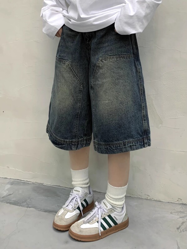 American Vintage Washed Niche Denim Shorts Women's Summer New Straight Wide Leg Old Casual Capri Pants