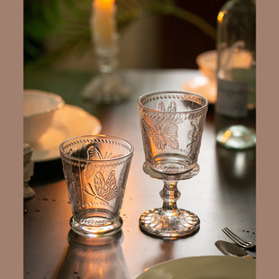 French Butterfly Embossed Transparent Glass Water Cup Retro Mid-Century Style Beverage Cup Coffee Cup Goblet Red Wine Cup
