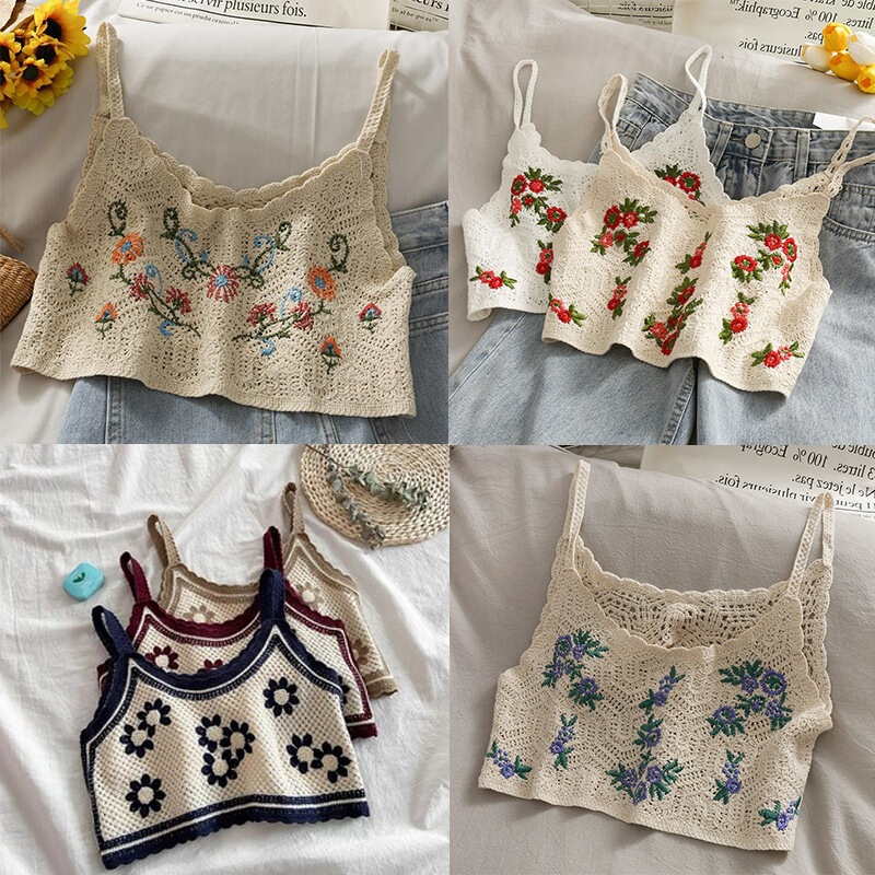 Internet Celebrity Embroidered Knitted Camisole Women's Summer New Slim-fit Loose Short Base Shirt Top for Outer Wear Internet Celebrity Embroidered Knitted Camisole Women's Summer New Slim-fit Loose Short Base Shirt Top for Outer Wear