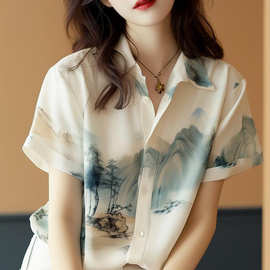 新中式国风女装白色山水印花短袖衬衫夏季设计感绝美上衣独特别致