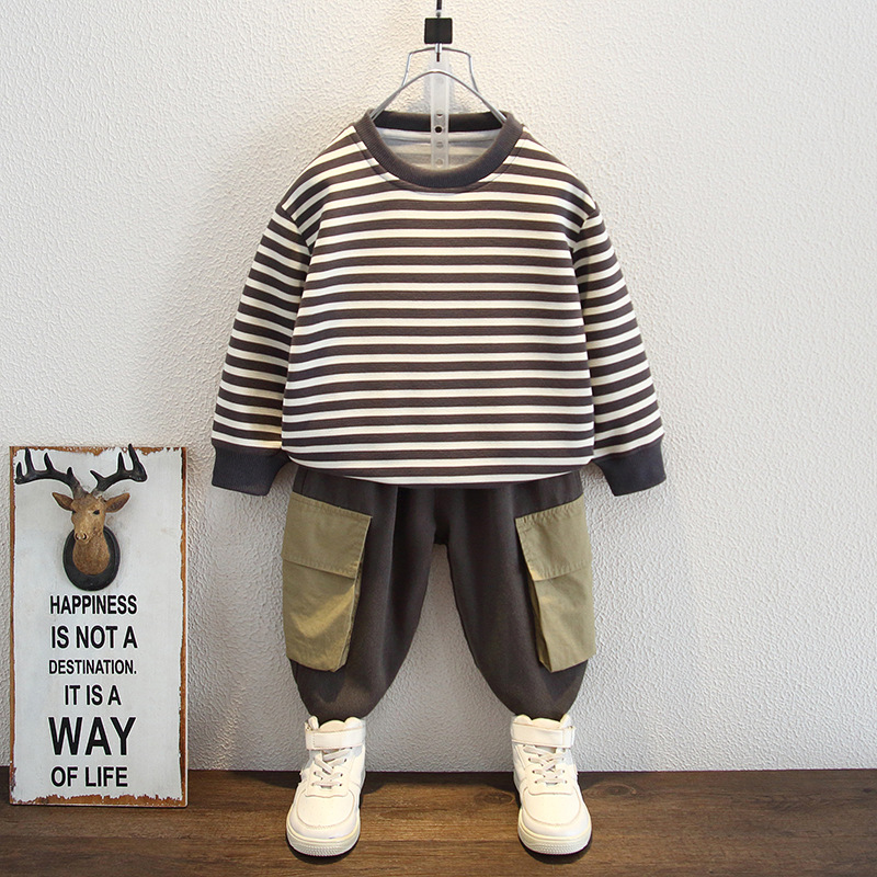 5954 traje de otoño para niños 2024 nuevo abrigo a rayas para niños de tres piezas chaleco coreano de primavera y otoño para bebés