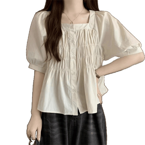 Korean style gentle style bubble sleeve wrinkled shirt for women 2025 new summer short slimming top, foreign style and meat cover