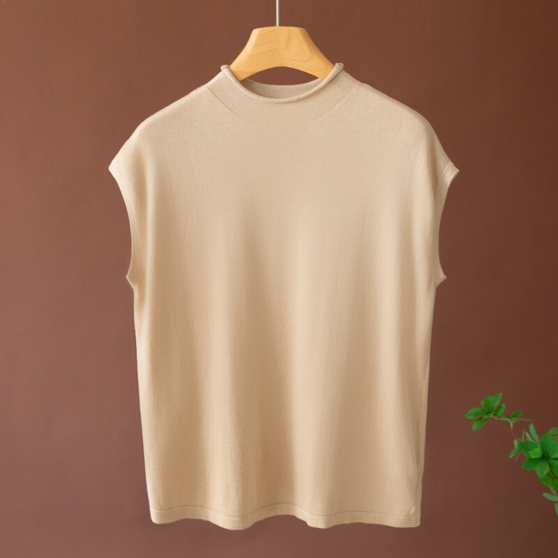 Spring and Summer New Style Half-High Collar Flutter Sleeve Rolled Edge Short-Sleeve T-Shirt for Women, Thin Silk Solid Color Versatile Top Knitwear