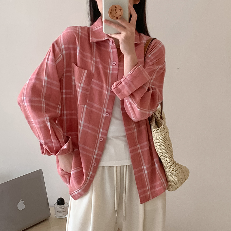 Spring and Autumn Hong Kong Style Vintage Plaid Shirt Women's New American Style Loose Shirt Coat Long Long Sleeve Top