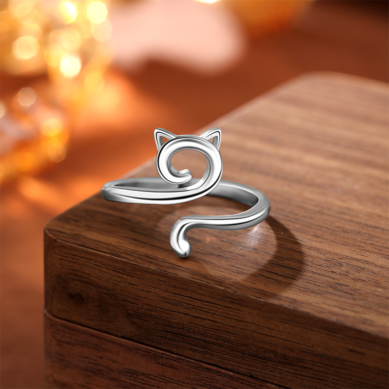 Nuevo gancho europeo y americano transfronterizo anillo de gato hueco geométrico plata de ley 925 apertura de anillo de gatito animal simple