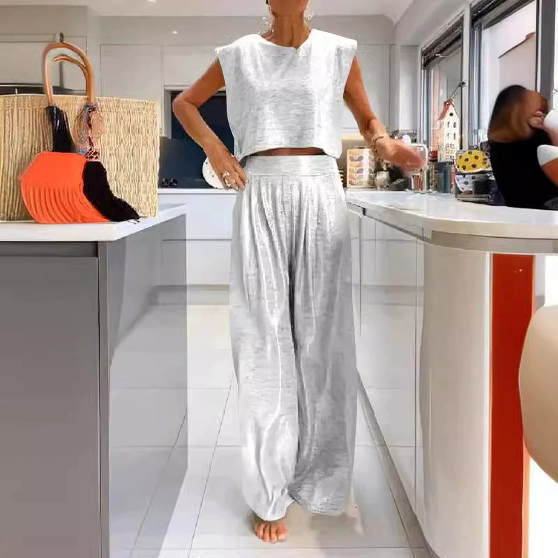 2024 летняя новая внешнеторговая женская одежда Amazon трансграничный женский повседневный глянцовый жилет широкие брюки из двух частей