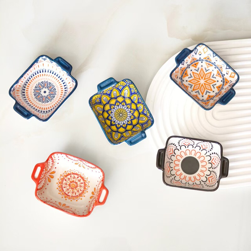 Kitchen Seasoning Dish Bohemian Household Flavor Dish Vinegar Dish Binaural Personality Dip Dish Soy Sauce Seasoning Bowl Underglaze Color