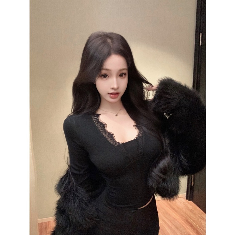 Lace winter short elastic sexy long-sleeve
