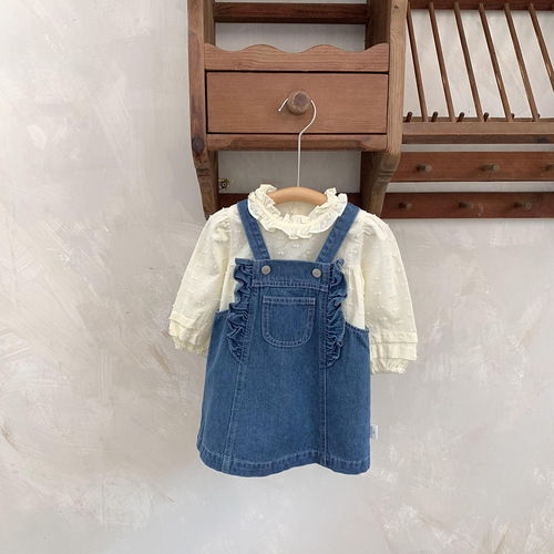 Cutemily Spring/Summer Baby & Toddler Girl's Cute Ruffled Romper Skirt with Denim-Effect Bibs and Half-Skirt