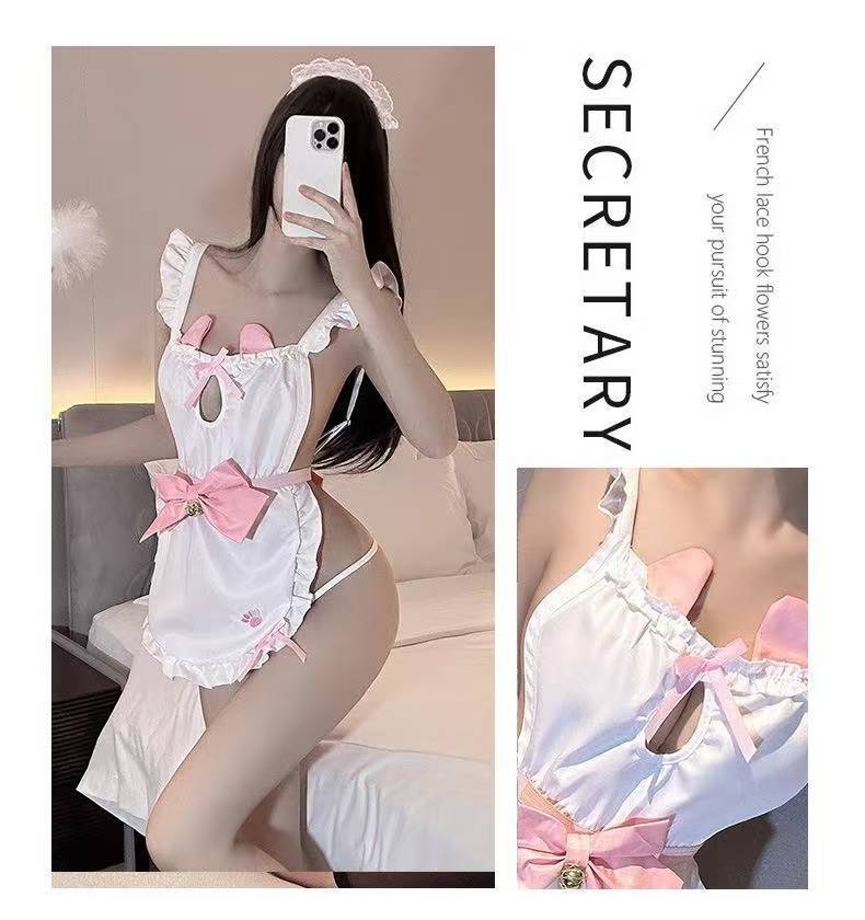 Maid Roleplay Costume Dress with Hollow Backless Lace Bow and Panty — detail image 9