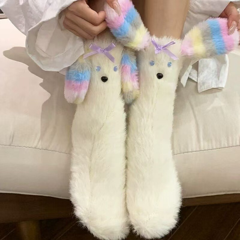 Cute cartoon puppy floor socks, thick plush warm bunny mink fur lined mid-calf home socks for women Cute cartoon puppy floor socks, thick plush warm bunny mink fur lined mid-calf home socks for women