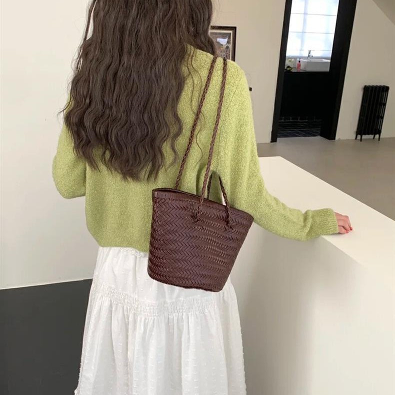 Genuine Leather Hand-Woven Basket Bag For Women - Luxury Vintage Artistic Shoulder Bag, Large Capacity Vacation Style Tote - Thumbnail 2