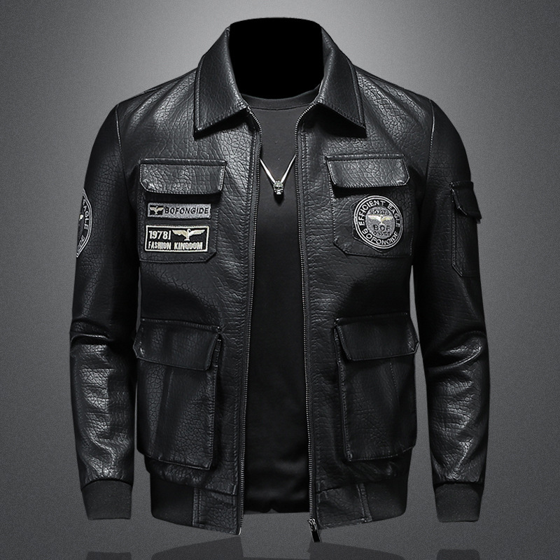 2023 Spring and Autumn New Military-style Aviator Leather Jacket Jacket Men's Large Size Slim-fit Lapel Embroidered Men's Leather Jacket