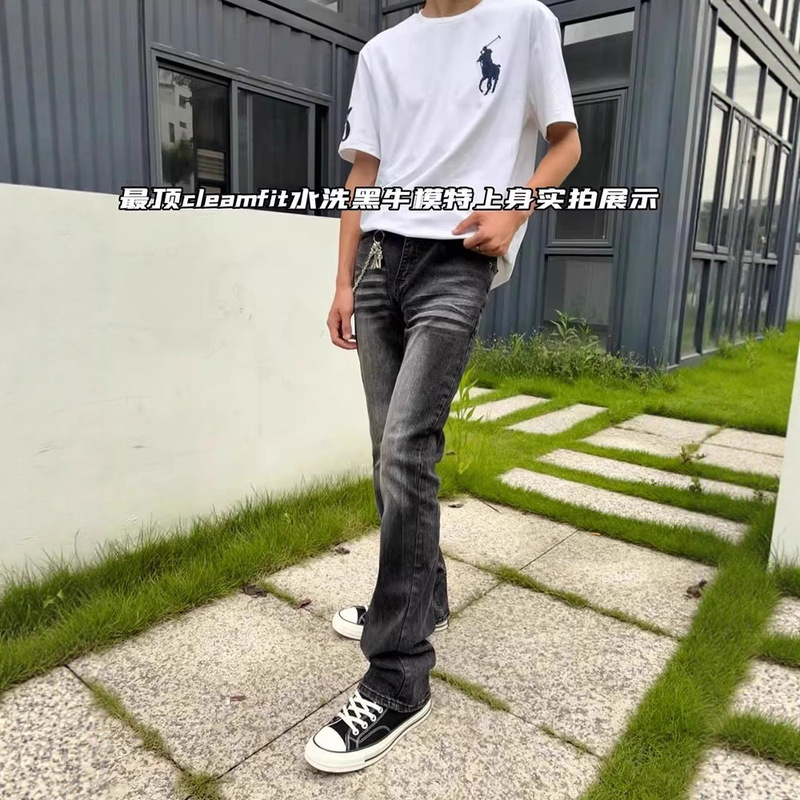 American-Style Cleanfit Washed Slim-Fit Flared High-Street Vibe Black and Gray Jeans for Men and Women, Height-Enhancing and Versatile Trendy Jeans
