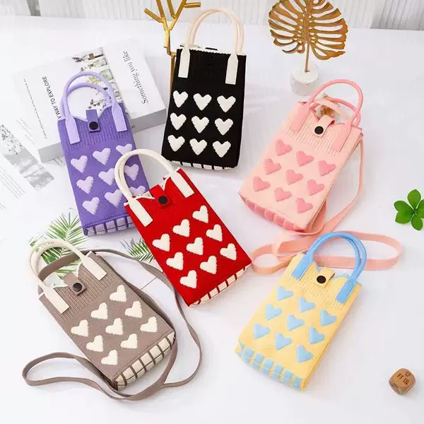 Korean Style Niche Design Cute and Sweet Heart Mini Mobile Phone Bag Knitted Shoulder Crossbody Bag Portable Handbag for Women