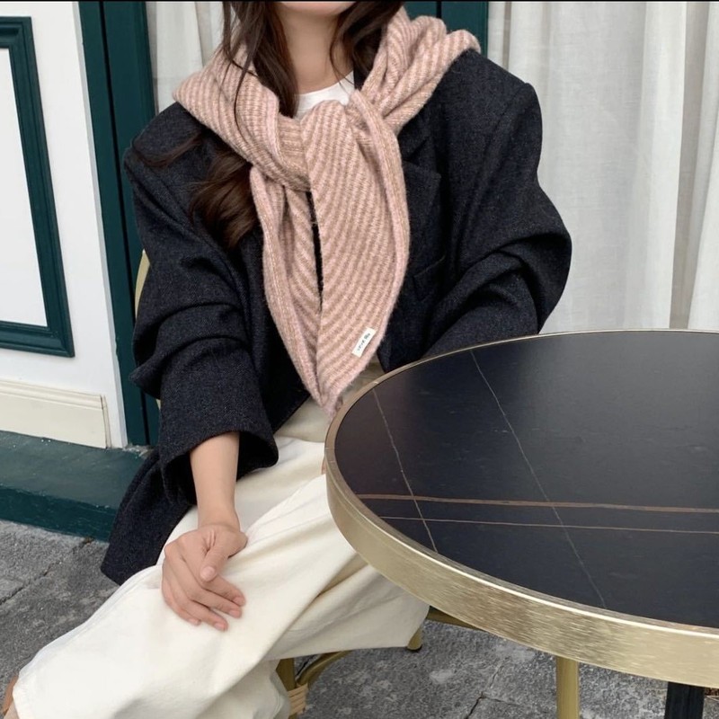 韩代含羊毛三角披肩女秋冬条纹保暖围脖服装搭配针织披肩围巾跨境|undefined