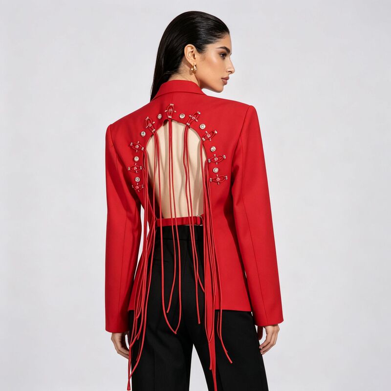 European and American Style Small Blazer 2026 Autumn New Sexy Fashion Personality Tassel Backless Blazer Jacket for Women