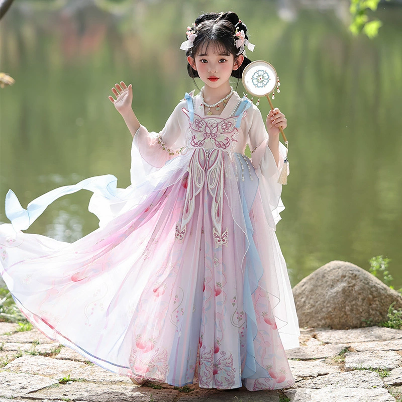 Летнее платье с короткими рукавами для девочек 2025 новый Hanfu платье для детей в китайском стиле