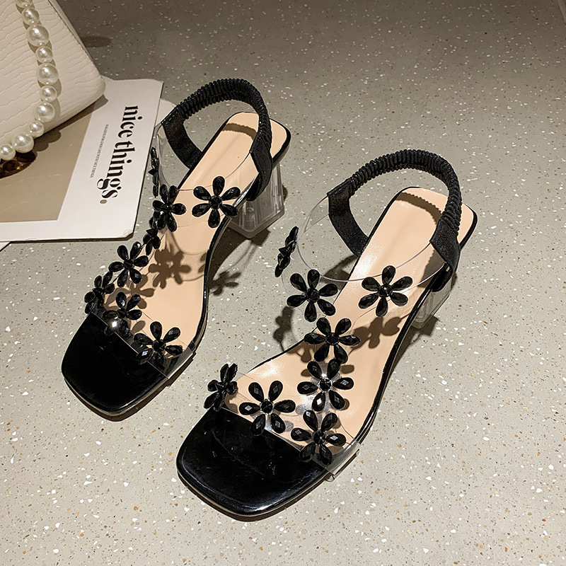 Sandalias de Tacón de Cristal con Flores de Estrás y Banda Elástica con Punta Cuadrada, Estilo Veraniego Europeo y Americano 2025, Sandalias Sexys Sin Cordones para Mujer