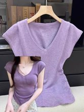 紫色纯欲v领针织冰丝小飞袖正肩t恤小个子修身不规则短款上衣女夏