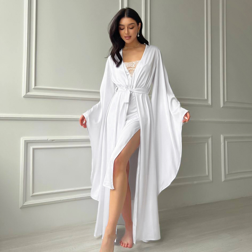 2023 Autumn New Fashion Sexy Lace Strappy Nightgown Robe Loose Skin-friendly Slit Women's Homecoming Set Wholesale