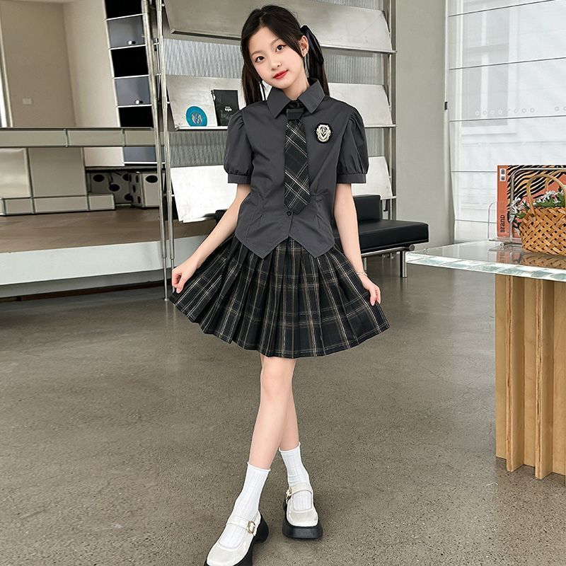 女の子夏服 JK 制服スーツ 2025 新しい子供のカレッジスタイル小学生夏本物の英国スーツスカート|undefined