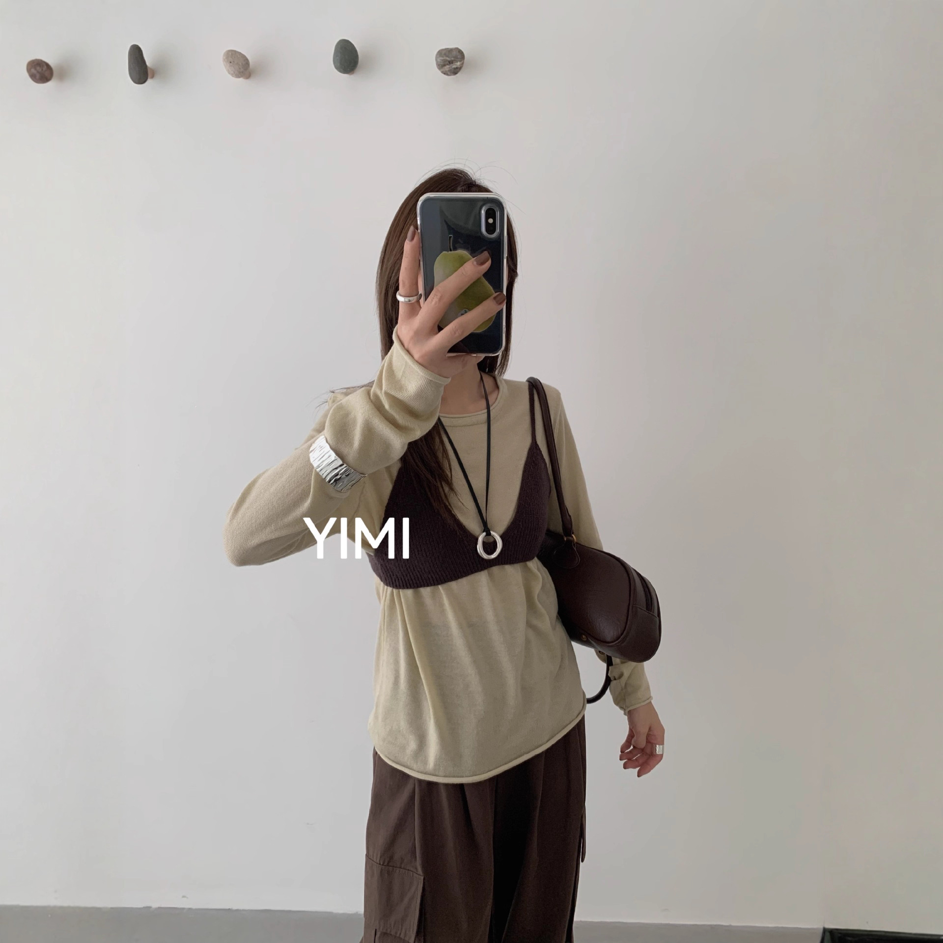 YIMI百搭圆领长袖针织打底衫上衣女春秋新款吊带小背心两件套装潮