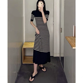 法式复古条纹短袖长款针织连衣裙女春夏新款气质显瘦高级包臀裙