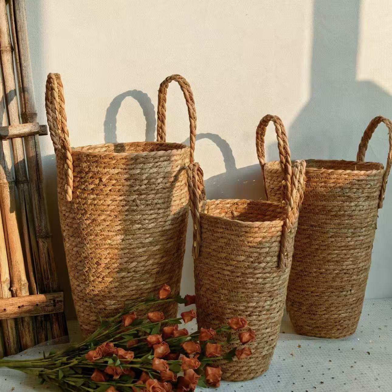Nordic Straw Flower Basket Vase Decoration for Living Room, Fresh Flower Arrangement, Portable Flower Pot for Home Balcony and Living Room Plants
