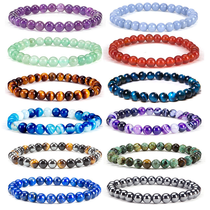 Cross-Border Hot Selling 6mm Natural Crystal Stone Beaded Bracelet Elastic Rope Tiger Eye Stone Agate Bracelet Women's Jewelry Cross-Border Hot Selling 6mm Natural Crystal Stone Beaded Bracelet Elastic Rope Tiger Eye Stone Agate Bracelet Women's Jewelry