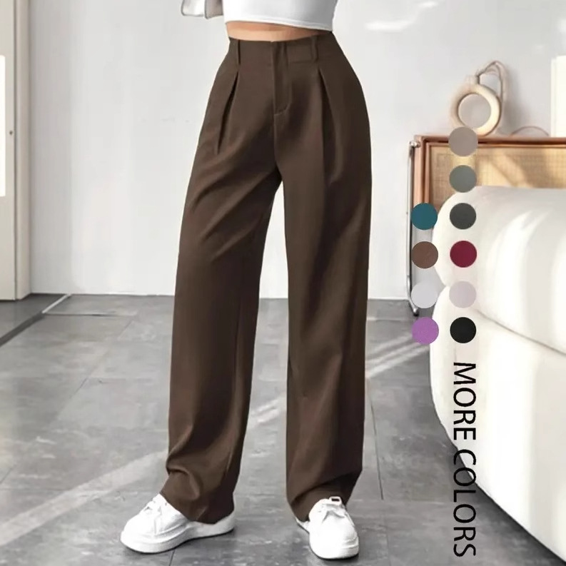 Viajeros transfronterizos europeos y estadounidenses, pantalones anchos casuales de cintura alta delgados, pantalones de traje casuales retro de todo fósforo, pantalones de mujer