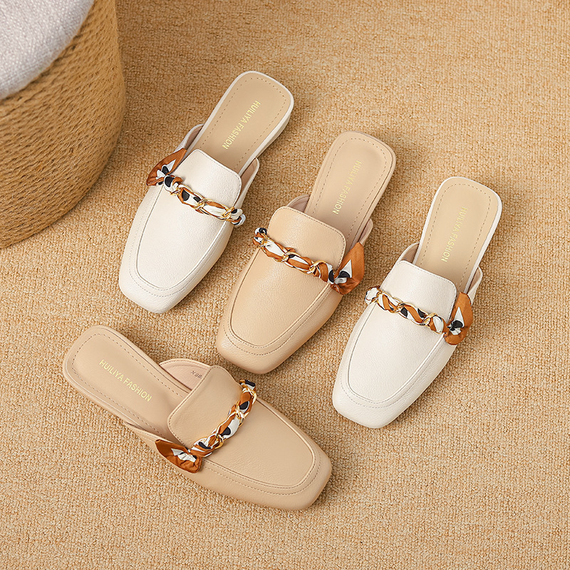 X980-7 Huiliya Comfortable Lazy Style Ribbon Muller Shoes Summer New Round Head Thick Heel Outwear Women's Slippers