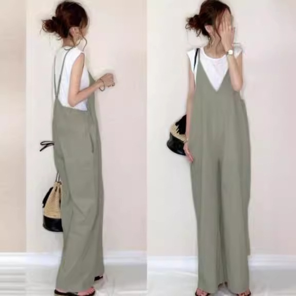 Mono de comercio exterior transfronterizo 2024 verano nuevo estilo tirantes de mujer japonesa pantalones anchos sueltos casuales de color sólido