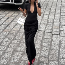 2025夏季新款女装性感深V短袖纯色辣妹风褶皱长款连衣裙一件代发